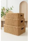 3lü Kapaklı Hasır Rattan Organizer Sepet - BB6065