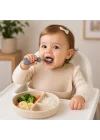 304 Çelik Panda Bebek Kaşık Çatal SetiSilikon Saplı BPA İçermez Ergonomik Kaymaz Gri