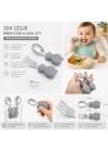 304 Çelik Panda Bebek Kaşık Çatal SetiSilikon Saplı BPA İçermez Ergonomik Kaymaz Gri