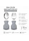 304 Çelik Panda Bebek Kaşık Çatal SetiSilikon Saplı BPA İçermez Ergonomik Kaymaz Gri