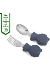304 Çelik Panda Bebek Kaşık Çatal SetiSilikon Saplı BPA İçermez Ergonomik Kaymaz Lacivert