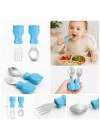 304 Çelik Panda Bebek Kaşık Çatal SetiSilikon Saplı BPA İçermez Ergonomik Kaymaz Mavi