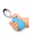 304 Çelik Panda Bebek Kaşık Çatal SetiSilikon Saplı BPA İçermez Ergonomik Kaymaz Mavi