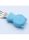 304 Çelik Panda Bebek Kaşık Çatal SetiSilikon Saplı BPA İçermez Ergonomik Kaymaz Mavi