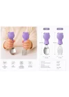 304 Çelik Panda Bebek Kaşık Çatal SetiSilikon Saplı BPA İçermez Ergonomik Kaymaz Mor