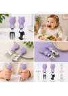 304 Çelik Panda Bebek Kaşık Çatal SetiSilikon Saplı BPA İçermez Ergonomik Kaymaz Mor