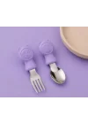 304 Çelik Panda Bebek Kaşık Çatal SetiSilikon Saplı BPA İçermez Ergonomik Kaymaz Mor