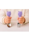 304 Çelik Panda Bebek Kaşık Çatal SetiSilikon Saplı BPA İçermez Ergonomik Kaymaz Mor