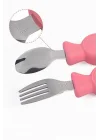304 Çelik Panda Bebek Kaşık Çatal SetiSilikon Saplı BPA İçermez Ergonomik Kaymaz Pembe