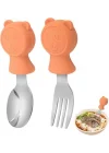 304 Çelik Panda Bebek Kaşık Çatal SetiSilikon Saplı BPA İçermez Ergonomik Kaymaz Turuncu