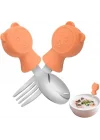 304 Çelik Panda Bebek Kaşık Çatal SetiSilikon Saplı BPA İçermez Ergonomik Kaymaz Turuncu