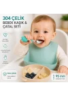 304 Çelik Panda Bebek Kaşık Çatal SetiSilikon Saplı BPA İçermez Ergonomik Kaymaz Yeşil