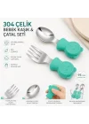 304 Çelik Panda Bebek Kaşık Çatal SetiSilikon Saplı BPA İçermez Ergonomik Kaymaz Yeşil