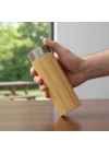 450 ml Bambu Kaplamalı Çelik Termos - Klasik Bardak Kapaklı Sıcak ve Soğuk Tutucu Seyahat Termosu