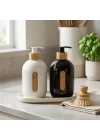 500 ml Cam Sıvı Sabunluk - Bambu Pompalı ve Etiketli Şık Tasarım (1 Adet) Asorit Gönderim