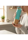 600 ml Bambu Tabanlı Kulplu Çelik Termos Mug - 5 Renk Seçenekli Sıcak/Soğuk Tutucu Seyahat Bardağı (TURKUAZ)