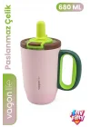 680 ML Tek Kapak Çift Kullanım Pipetli Rahat İçim Kulplu Paslanmaz Çelik Termos Mug FFVGN1113-680ML Pembe