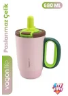 680 ML Tek Kapak Çift Kullanım Pipetli Rahat İçim Kulplu Paslanmaz Çelik Termos Mug FFVGN1113-680ML Pembe