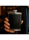 8 Oz 235 cc Hunili Siyah Hakiki Deri Kılıflı Çelik Viski İçki Matarası