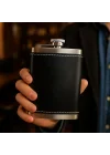 8 Oz 235 cc Hunili Siyah Hakiki Deri Kılıflı Çelik Viski İçki Matarası
