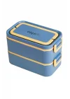 Bento 2000ml Lunchbox 2 Katlı 3 Bölmeli Mini Kaseli Çelik Sefer Tası Yemek Kutusu (Lacivert-Sarı)