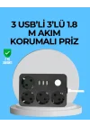 Mey İthalat® 3 USB Çıkışlı 4’lü Akıllı Priz 2500W 2 Metre Kablo