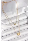Mey İthalat® 316L Çelik Gold Renk 2Li Simli Kelebek Model Kadın Kolye