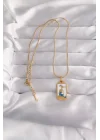 Mey İthalat® 316L Çelik Gold Renk Beyaz Mineli Kız Figür Tarot Kolye