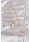 Mey İthalat® 316L Çelik Gold Renk Beyaz Mineli Tarot Kolye