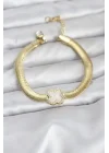 Mey İthalat® 316L Çelik Gold Renk Beyaz Yonca Model Zirkon Taşlı Yılan Zincirli Kadın Bileklik