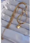 Mey İthalat® 316L Çelik Gold Renk Çift Zincir Kilit Model Kolye