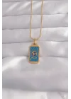Mey İthalat® 316L Çelik Gold Renk Mavi Mineli El Figür Tarot Kolye