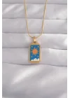 Mey İthalat® 316L Çelik Gold Renk Mavi Mineli Güneş Model Tarot Kolye