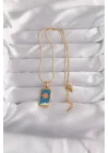 Mey İthalat® 316L Çelik Gold Renk Mavi Mineli Güneş Model Tarot Kolye