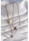Mey İthalat® 316L Çelik Gold Renk Mineli Nazar Model Kolye