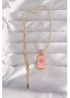 Mey İthalat® 316L Çelik Gold Renk Pembe Mineli Güneş Model Tarot Kolye