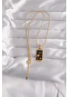 Mey İthalat® 316L Çelik Gold Renk Siyah Mineli Yıldız Figür Tarot Kolye