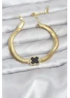 Mey İthalat® 316L Çelik Gold Renk Siyah Yonca Model Zirkon Taşlı Yılan Zincirli Kadın Bileklik