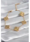 Mey İthalat® 316L Çelik Gold Renk Yonca Model İşleme Detay Kadın Bileklik