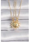 Mey İthalat® 316L Çelik Gold Renk Zirkon Taşlı Güneş Model İşleme Yazı Detay Arkadaş Kolyesi
