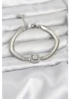 Mey İthalat® 316L Çelik Gümüş Renk Baget Zirkon Taşlı Yılan Zincirli Kadın Bileklik