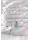 Mey İthalat® 316L Çelik Gümüş Renk Mavi Mineli Tarot Kolye