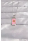 Mey İthalat® 316L Çelik Gümüş Renk Pembe Mineli Güneş Model Tarot Kolye