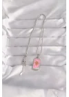 Mey İthalat® 316L Çelik Gümüş Renk Pembe Mineli Güneş Model Tarot Kolye