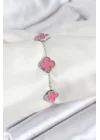 Mey İthalat® 316L Çelik Gümüş Zincir Pembe Renk Yonca Bileklik