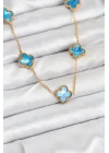 Mey İthalat® 316L Çelik Zincir Gold Buz Mavisi Renk Yonca Kolye