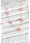 Mey İthalat® 316L Çelik Zincir Gold Pembe Renk Yonca Kadın Kolye
