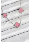 Mey İthalat® 316L Çelik Zincir Gümüş Pembe Renk Yonca Kadın Kolye