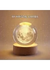 Mey İthalat® 8 cm Ay Desenli Kristal Küre Sıcak LED Işıklı Ahşap Tabanlı Oda Lambası