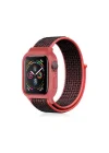 Mey İthalat®  Apple Watch 42mm Hasırlı Cırtcırtlı Kasalı Kordon - Siyah-Pembe